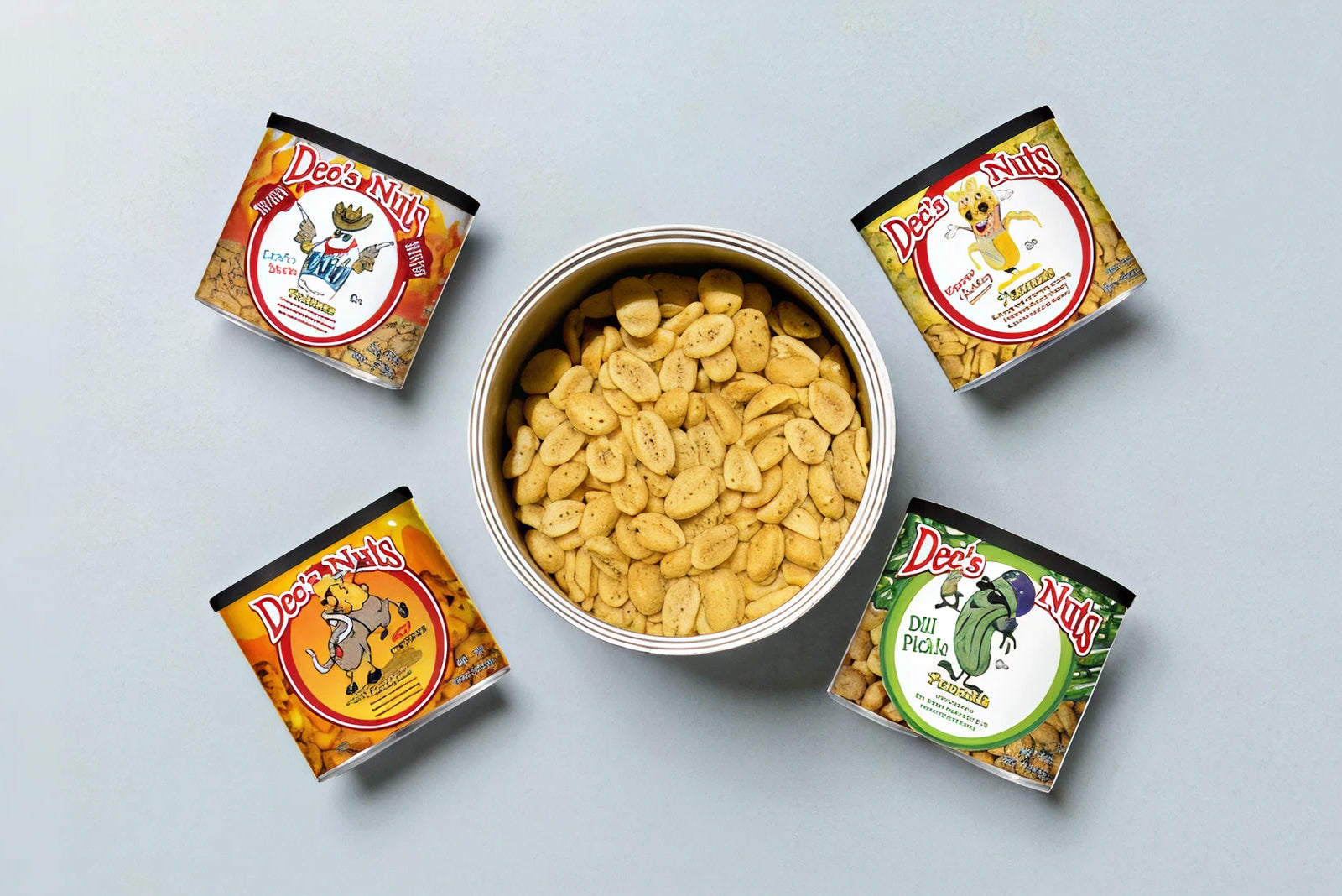 Assorted Dee’s Nuts flavors in colorful packaging displayed on wooden table, celebrating Grab Some Nuts Day with fun and tasty treats