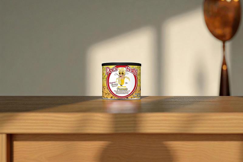 Dee’s Nuts ‘Nanner Puddin’’ peanuts can on a wooden table, centered in soft daylight with a blurred home décor background