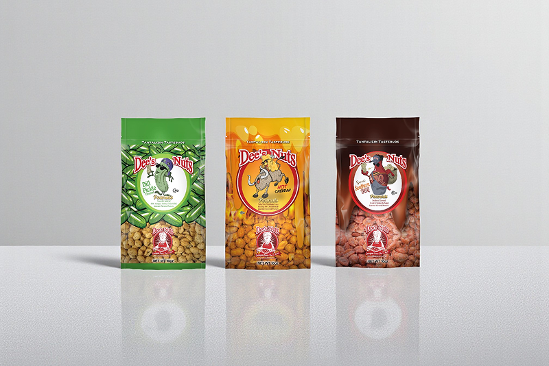 Three Dee’s Nuts flavored peanut packs standing upright on a reflective surface: Dill Pickle flavor in a green pouch, Hot Cheddar flavor in a yellow pouch, and Sweet BBQ flavor in a brown pouch.