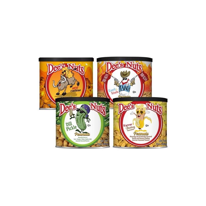 Dee's Nuts gourmet peanut snack bundle featuring four flavors: Hot Cheddah, Ranch Sriracha, Dill Pickle, and Nanner Puddin. Bold and fun packaging of flavored peanuts in 10 oz cans.